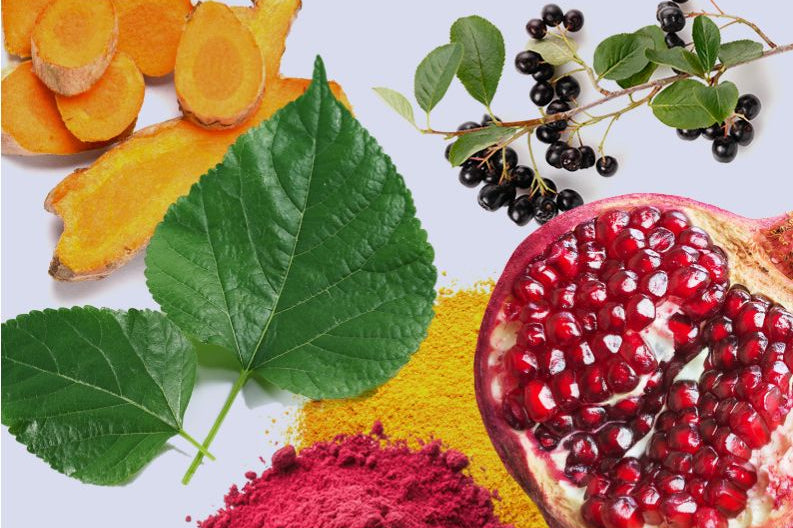 Various supplements placed on a flat surface, including piles of inositol, chromium, biotin powder, curcumin slices, pomegranate seeds for polyphenols, and a puddle of vitamin D. These ingredients are commonly used as PCOS supplements to manage symptoms of polycystic ovary syndrome (PCOS), such as insulin resistance, hormonal imbalances, skin issues, fatigue, and irregular menstrual cycles. Each supplement and polyphenol-rich pomegranate plays a role in supporting metabolic health, improving skin appearance