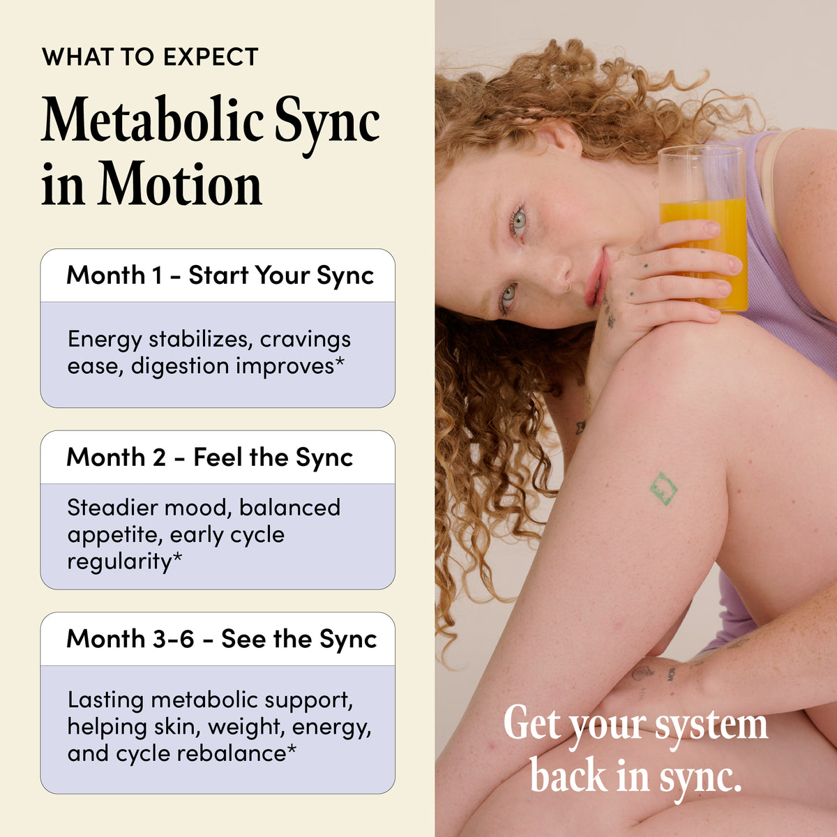 Woman holding a glass of ovii metabolic sync with text about metabolic sync in motion on a beige background