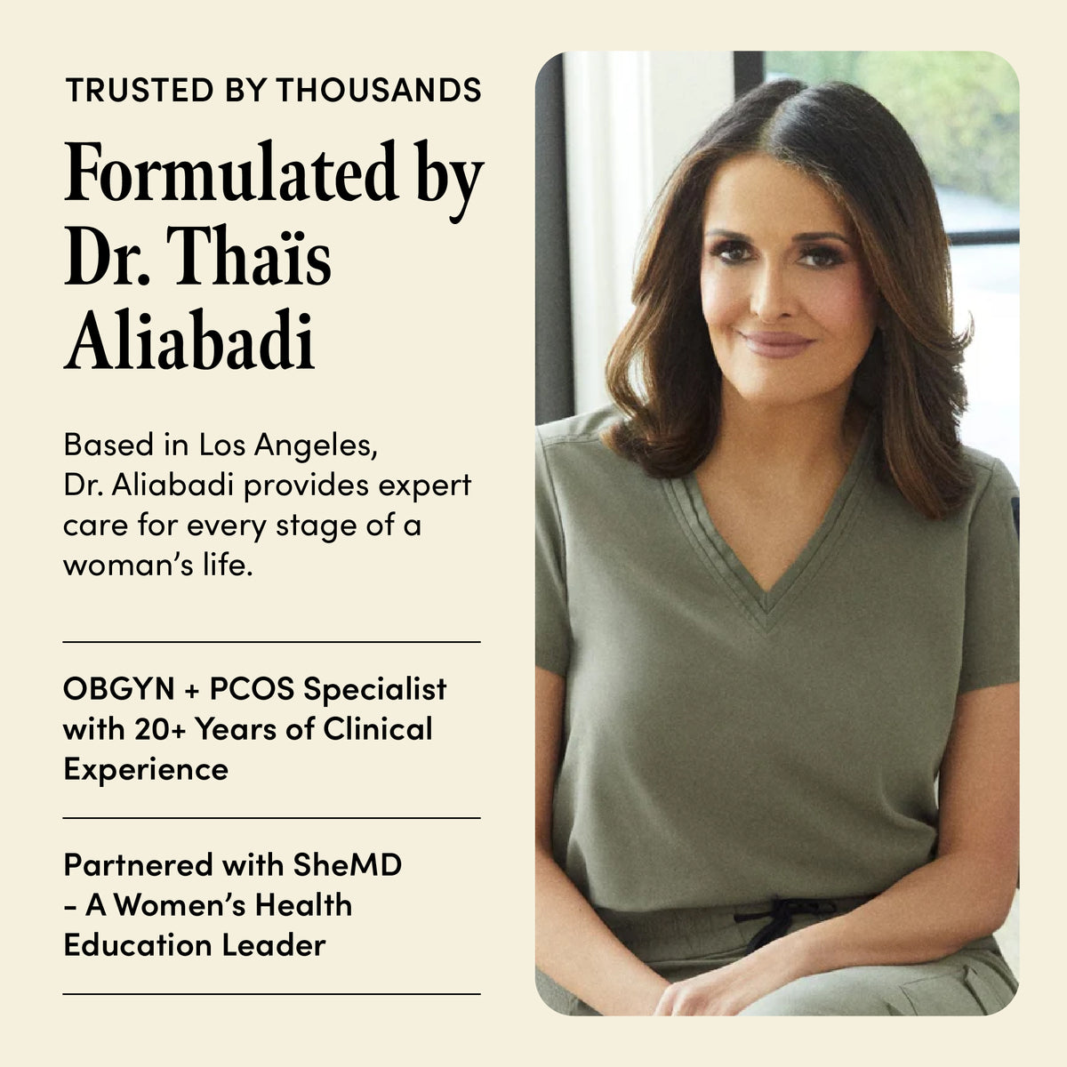 Woman in a green shirt with text about Dr. Thais Aliabadi and SheMD on a beige background